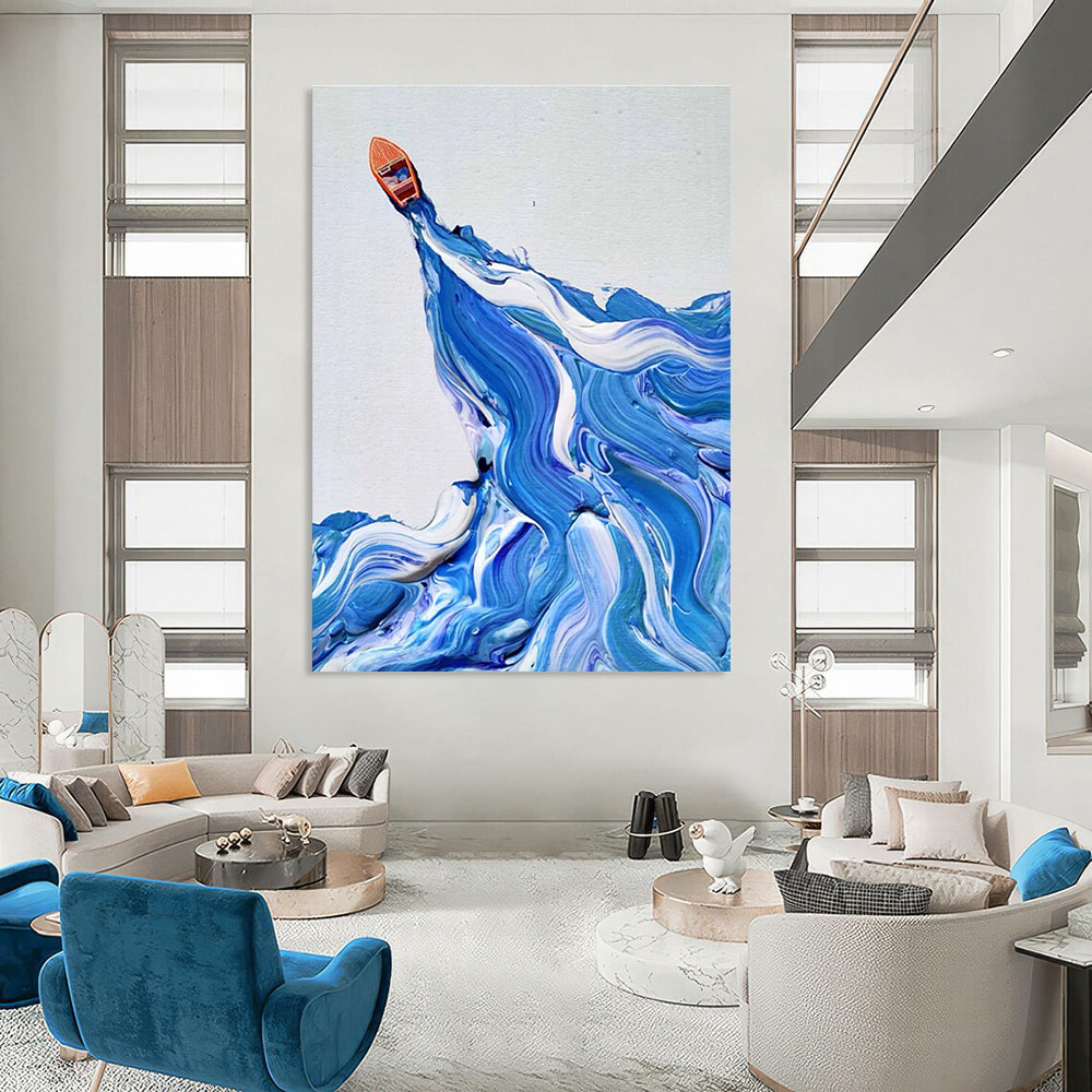 Blue and White Wave Boat Abstract Painting with Textured Seas ADGE321