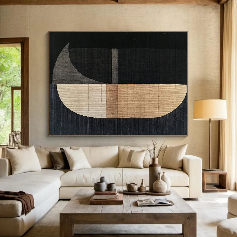 Black and Beige Geometric Abstract Painting with Textured Shapes GER180
