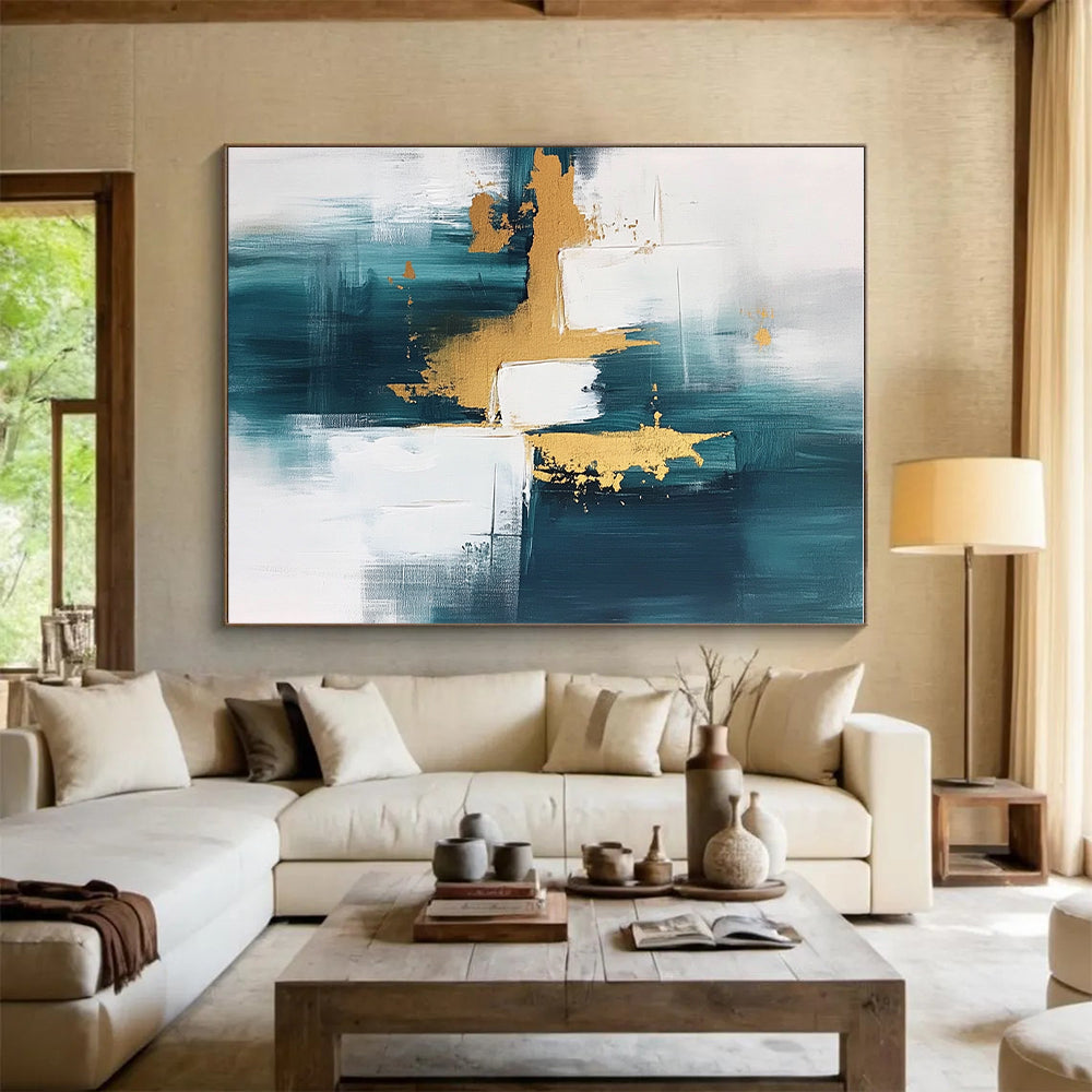 Teal Gold and White Abstract Painting with Modern Flair GER676