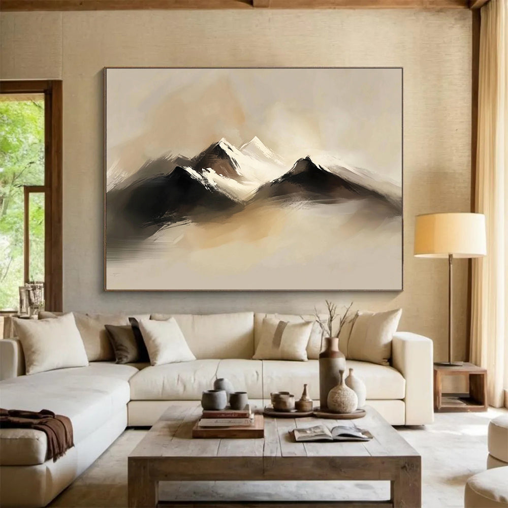 Abstract digital painting of serene snow-capped mountains featuring soft brush strokes and muted colors enveloped in mist.SC301