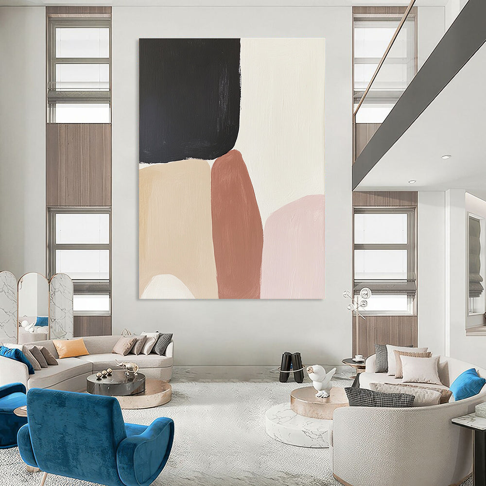 Large abstract painting inspired by Rothko featuring cream beige pink and black hues with earthy tones and organic shapes.STSC480