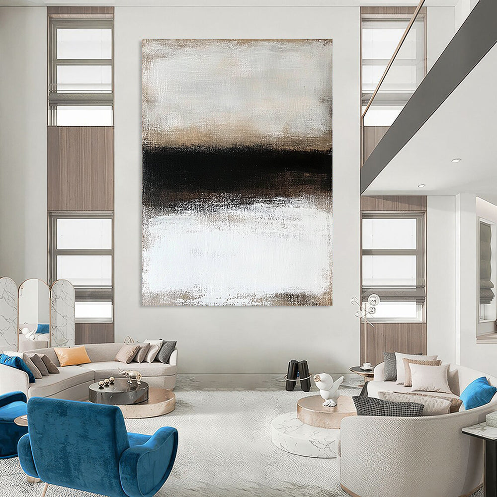 Large abstract painting featuring a textured surface of neutral colors depicting a snowy landscape enveloped in ethereal fog.STSC630
