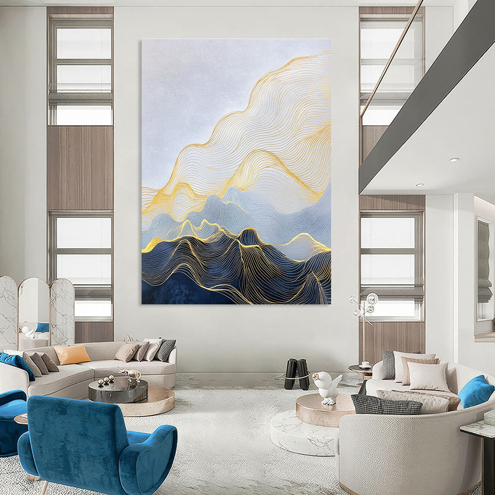 Large abstract painting depicting a minimalist landscape with golden lines forming mountains and delicate details in smooth waves and curves.STSC1257