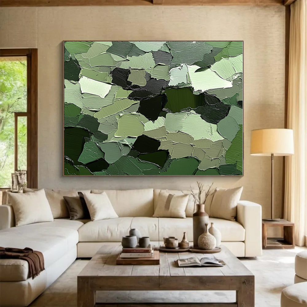 Green Patchwork Abstract Painting with Layered Shapes GER107