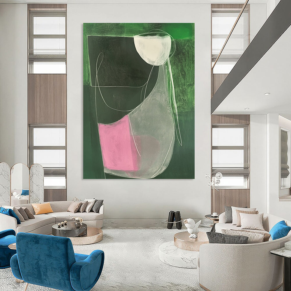 Large abstract painting featuring a female form in green and pink with minimalist white lines on dark grey canvas.STSC1297