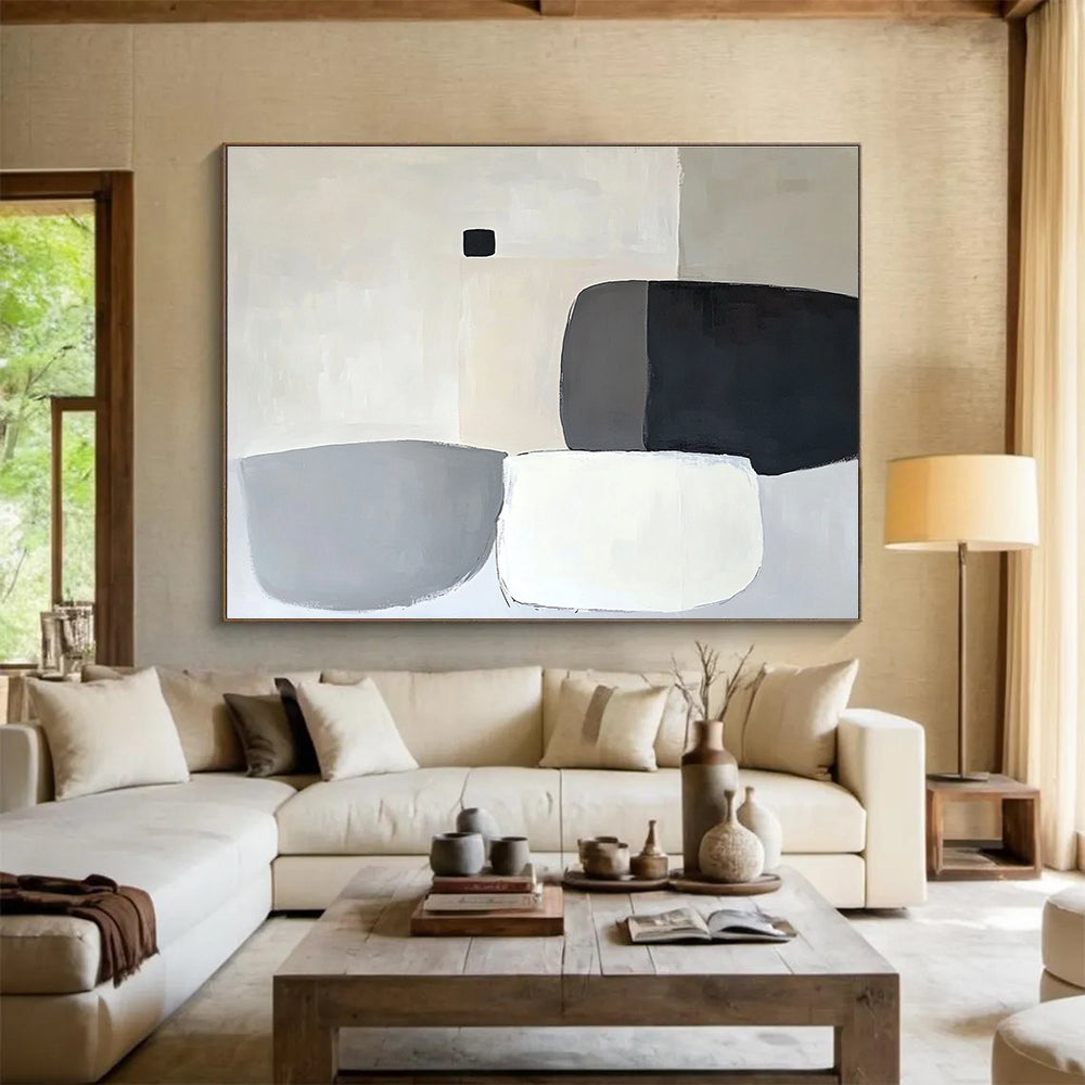 Geometric Shapes in Neutrals Abstract Painting with Gray Black and White Tones DYP586