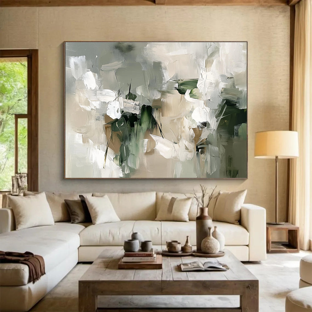 Neutral Tones Floral Abstract Painting with Green and Beige DYP509