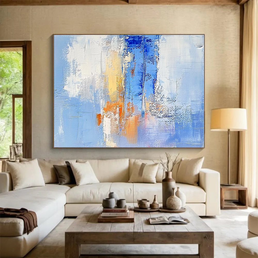 Light Blue and Orange Abstract Painting with Textured Layers GER617
