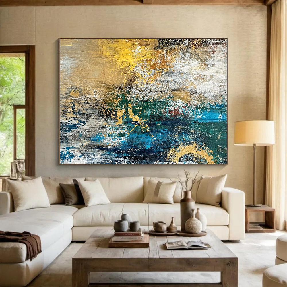 Gold Teal and White Abstract Painting with Textured Gold GER686