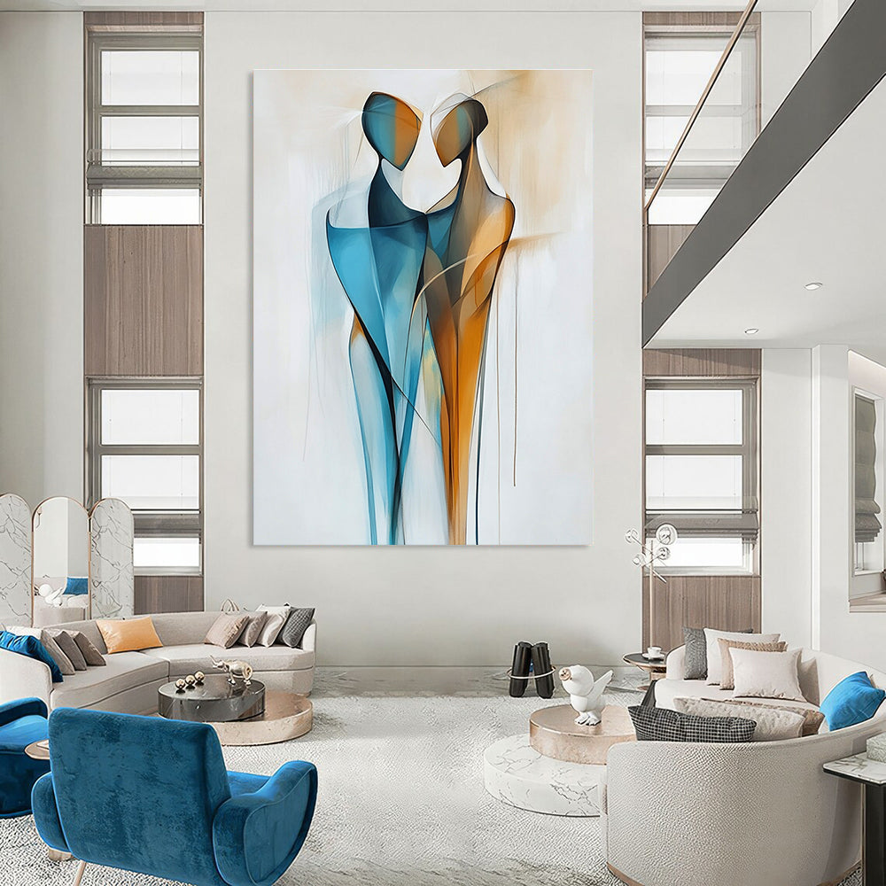 Large abstract painting featuring two figures in blue and amber with geometric lines and smooth curves on a shaped canvas and white background.STSC712