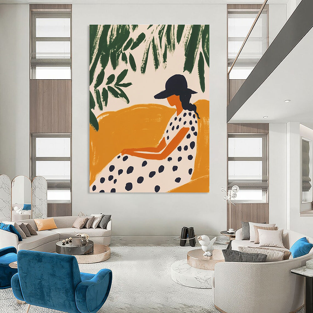 Large abstract artwork featuring a woman on a chaise lounge with minimalistic shapes and greenery on a white background in Matisse style.STSC1263