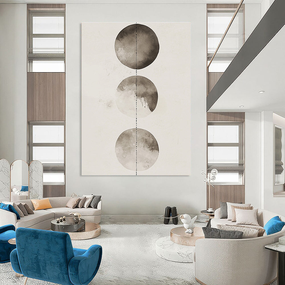 Large abstract watercolor and ink wash illustration featuring three shaded gray and white circles with dotted lines on a clean background.STSC1458