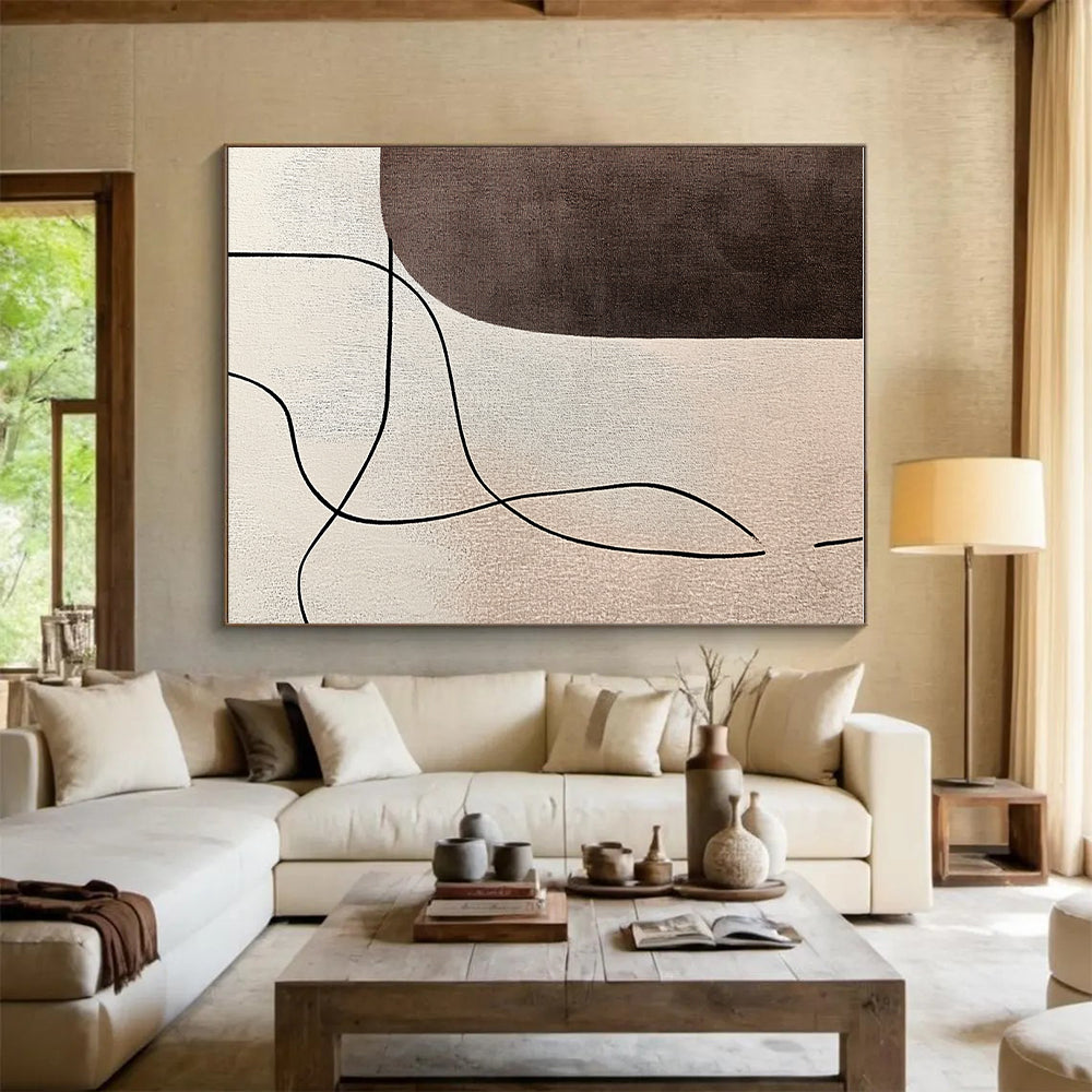 Brown and Beige Abstract Painting with Curved Black Lines GER181