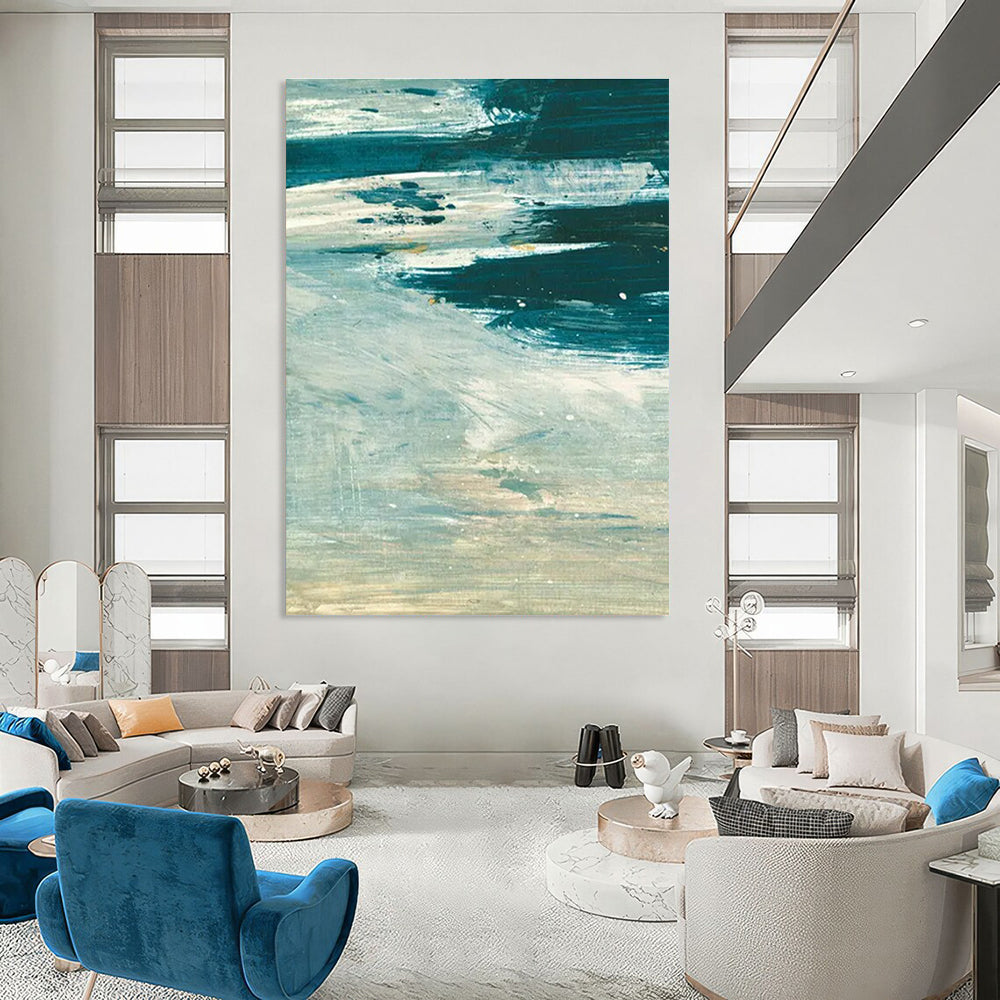 Teal and White Abstract with Textured Layers Painting ADGE176