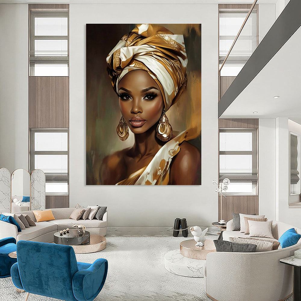 A large abstract painting showcasing a beautiful African woman adorned with a gold and white head wrap and large earrings.STSC892