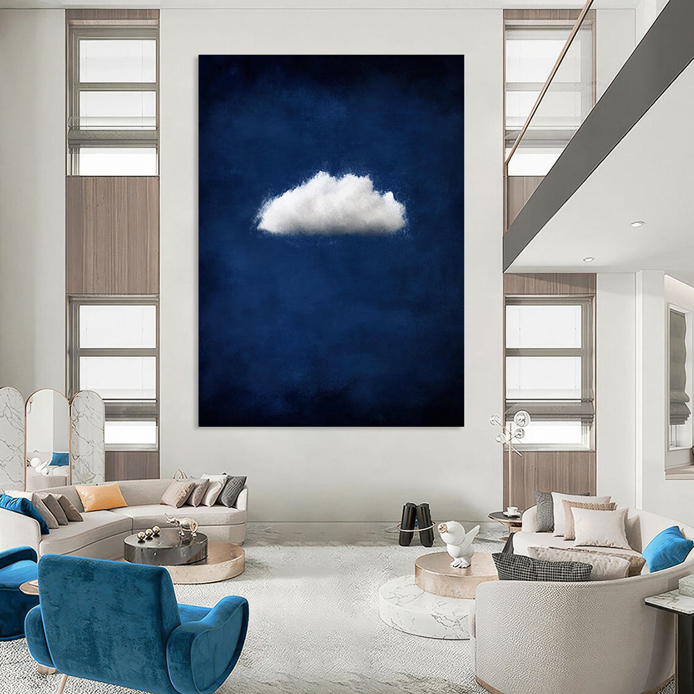 Large abstract artwork featuring a small white cloud on a dark blue backdrop creating a moody and atmospheric minimalist design.STSC1404