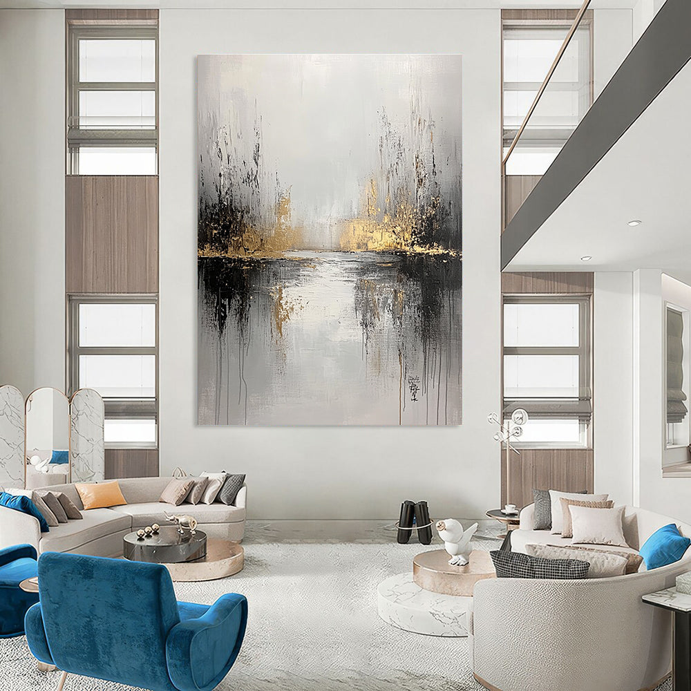 Large abstract painting featuring a gray and white background with gold accents and soft edges evoking tranquility and solitude through layers and distant foliage.STSC396