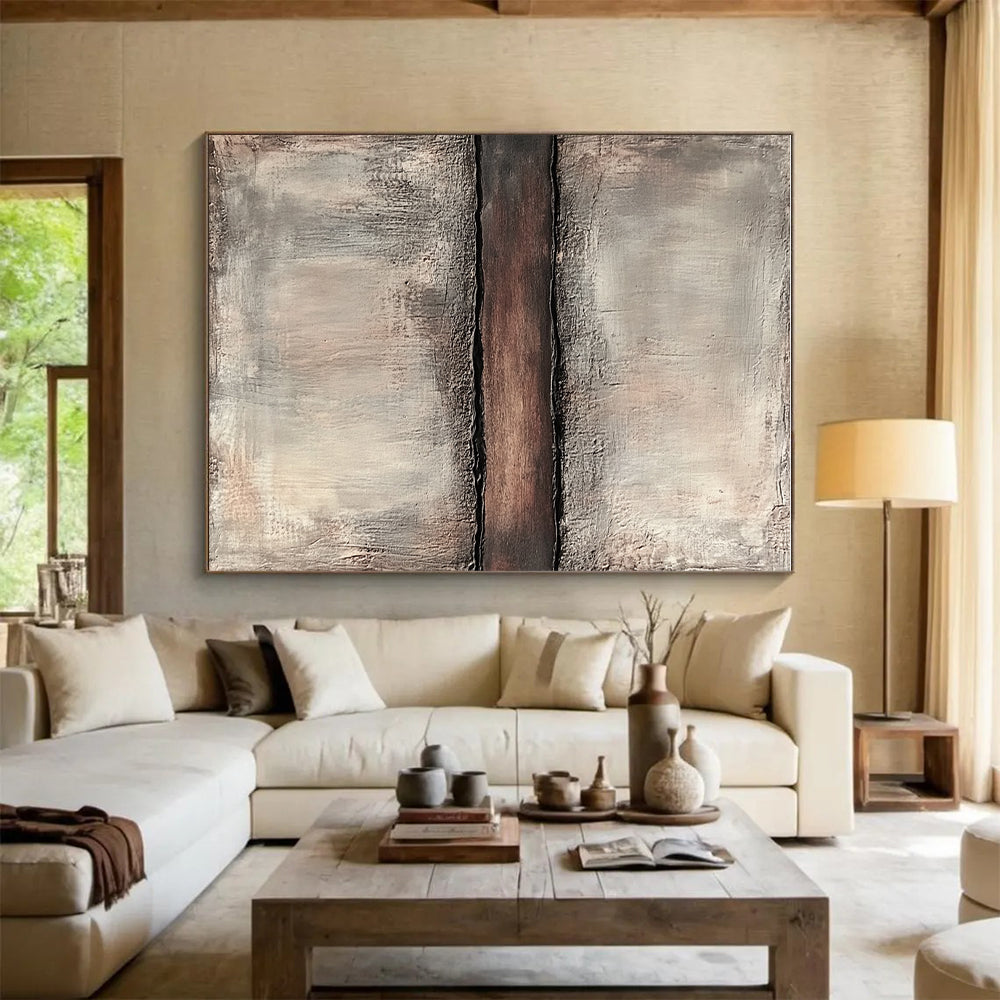 Gray and Brown Textured Abstract Painting with a Central Divide GER038