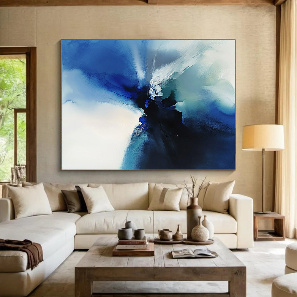 Blue Ink Abstract Painting with Fluid Motion GER389