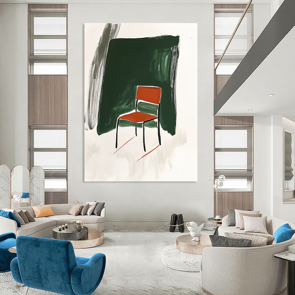 Abstract artwork featuring Minimalist Japandi style with a chair influenced by David Hockney in green and white background adorned with orange brush strokes.STSC1336