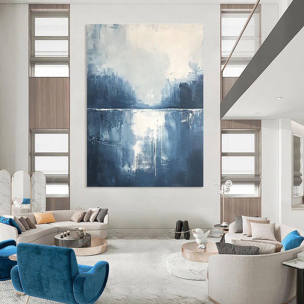 Large abstract painting of misty clouds and water in dark blue and grey with white accents creating an atmospheric and detailed composition.STSC322