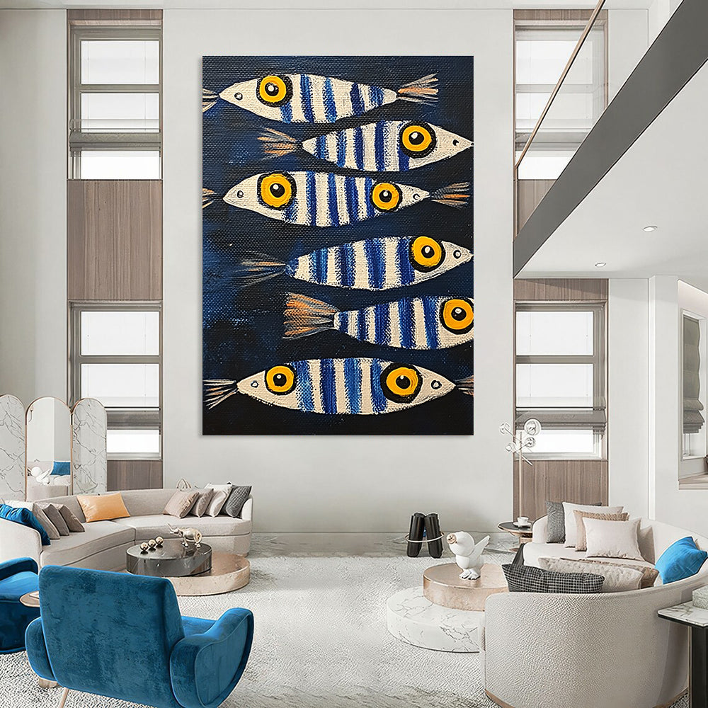 A large abstract painting featuring sardines with blue and white stripes and yellow eyes, set against a dark background.STSC1171