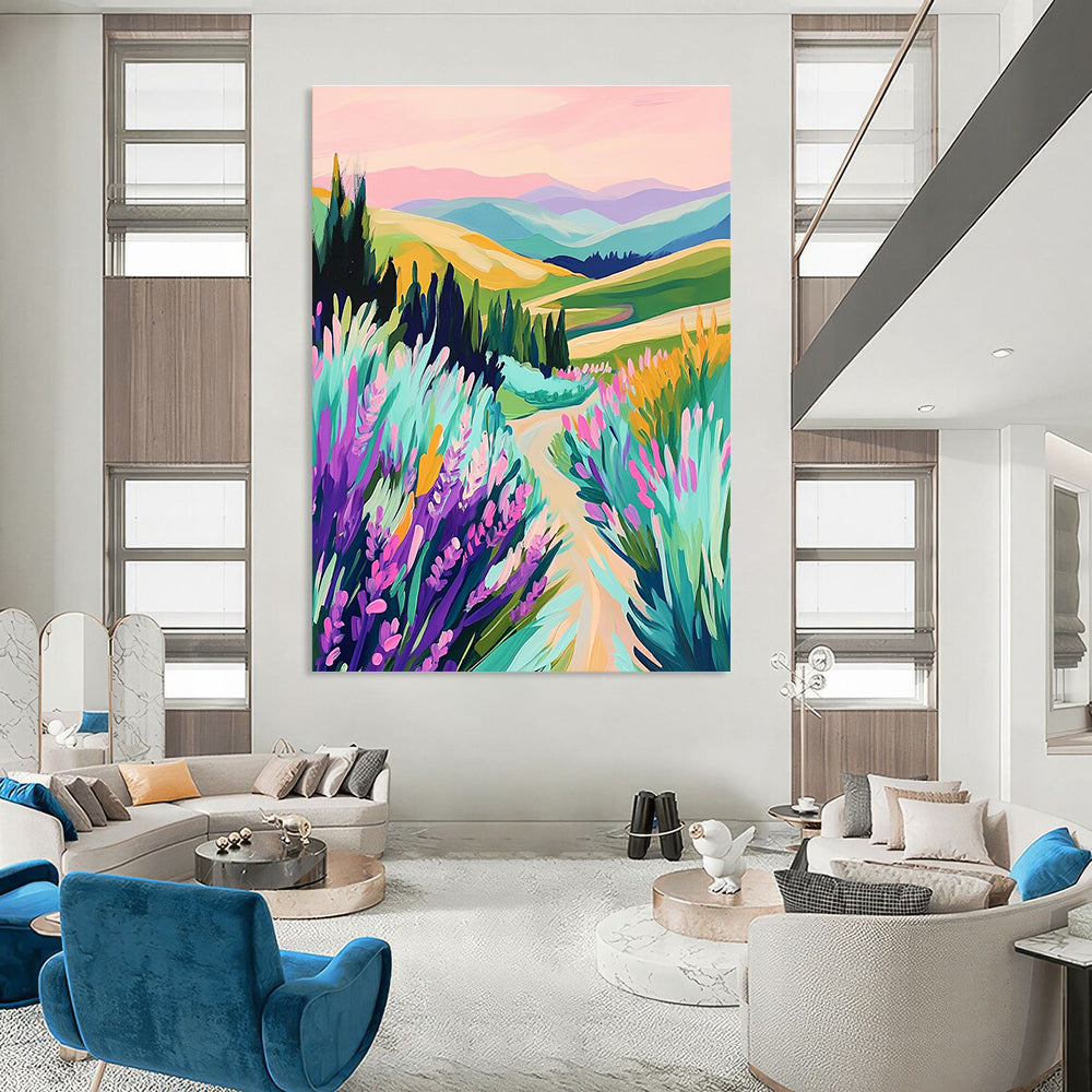 A large abstract painting featuring vibrant rolling hills lavender fields and a pastel sky with playful brushstrokes that create a serene lively atmosphere.STSC1224