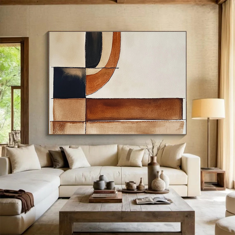 Large abstract watercolor painting featuring brown black and white shapes with minimalist earthy tones for a boho-inspired artistic touch.SC394
