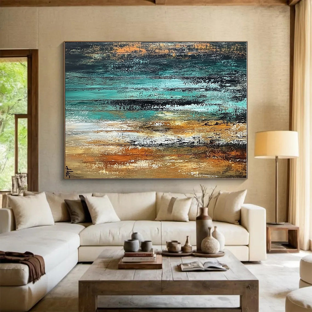 Teal and Brown Abstract Painting with Vertical Strokes GER485