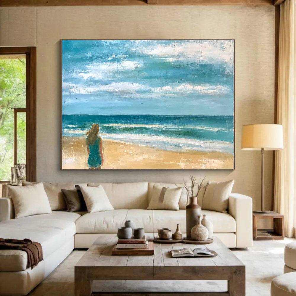 Woman by the Sea Abstract Painting with Blue and Beige Tones DYP520