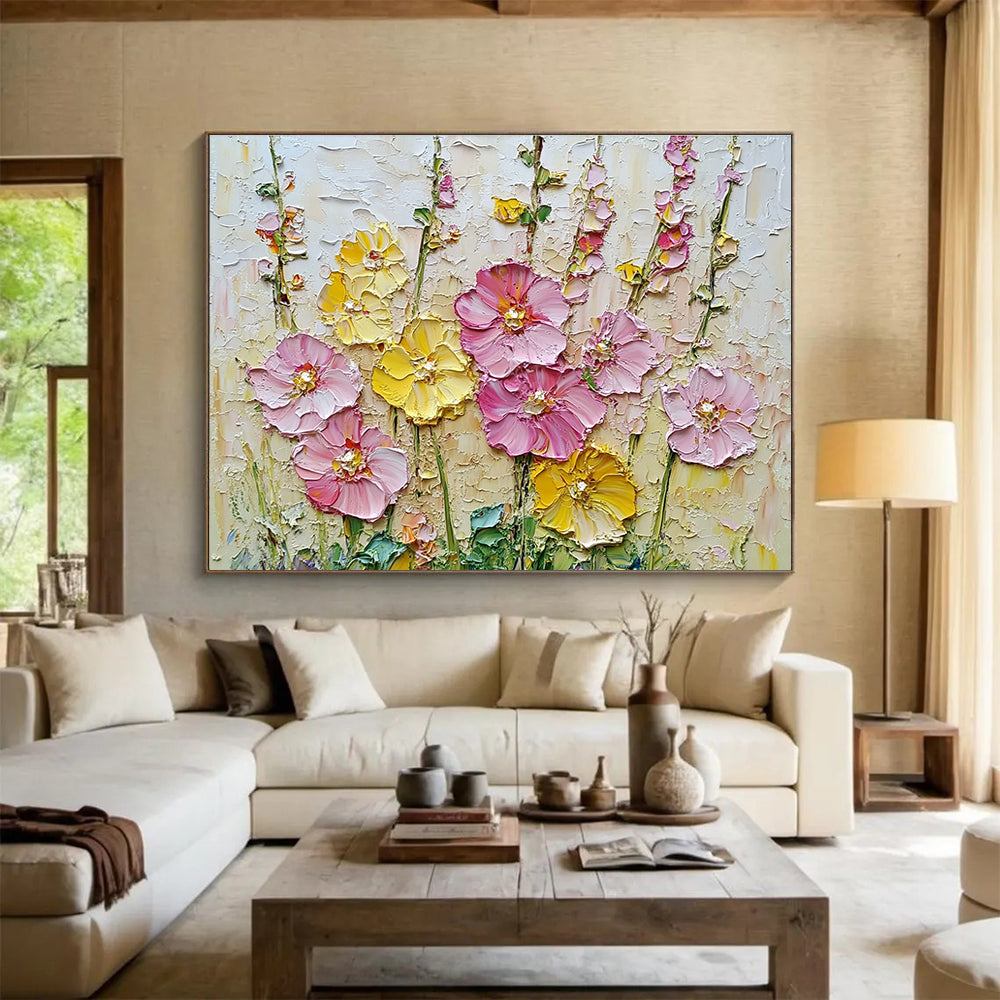 A large abstract painting featuring vibrant pink and yellow hollyhocks, detailed textures, and a rich background created with impasto technique using a palette knife.SC603