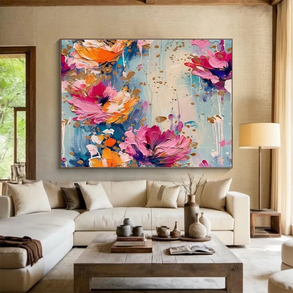 Gold - Speckled Floral Abstract Painting with Pink, Orange, and Blue Tones THY307