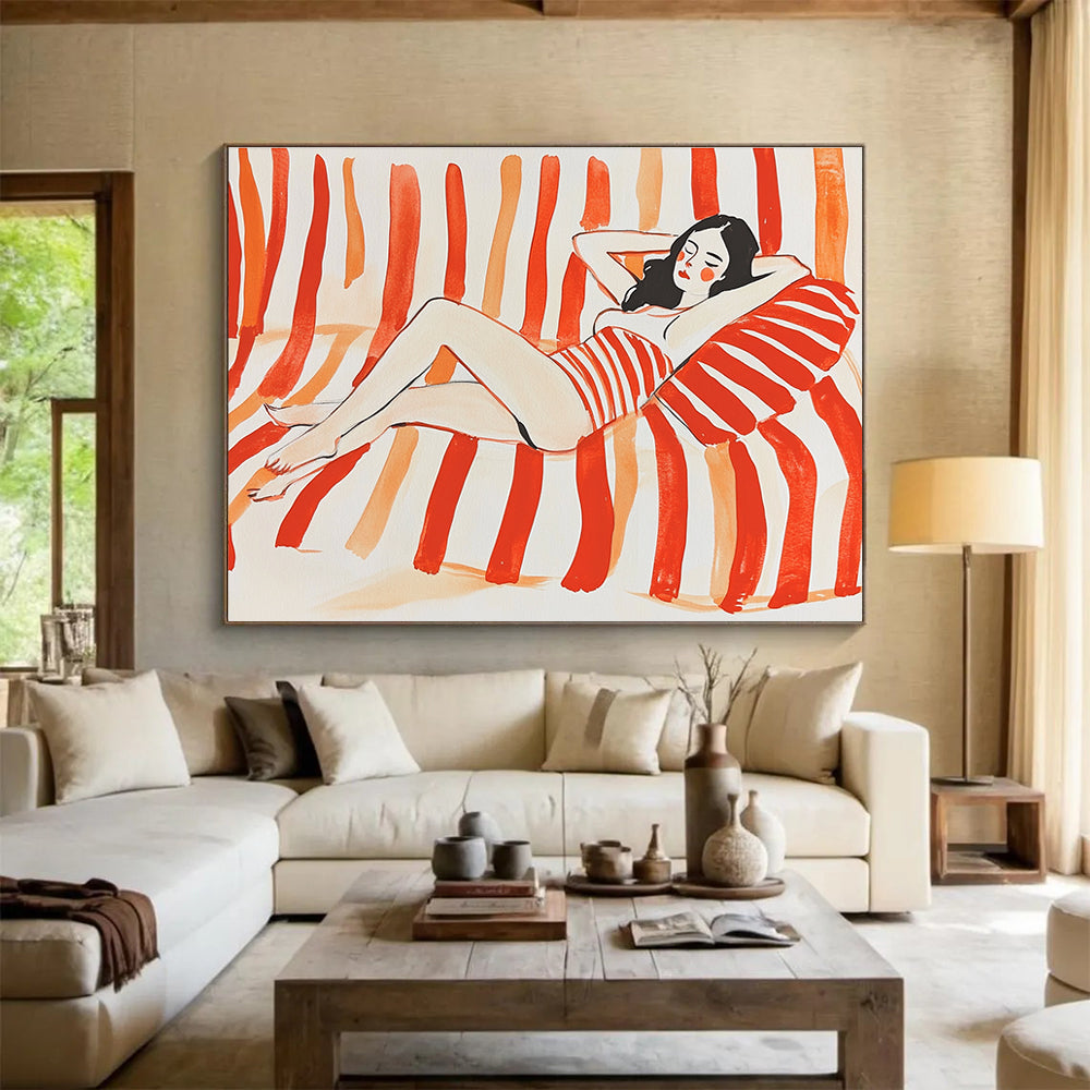 Woman Lounging on Stripes Abstract Painting with Red and White DYP164