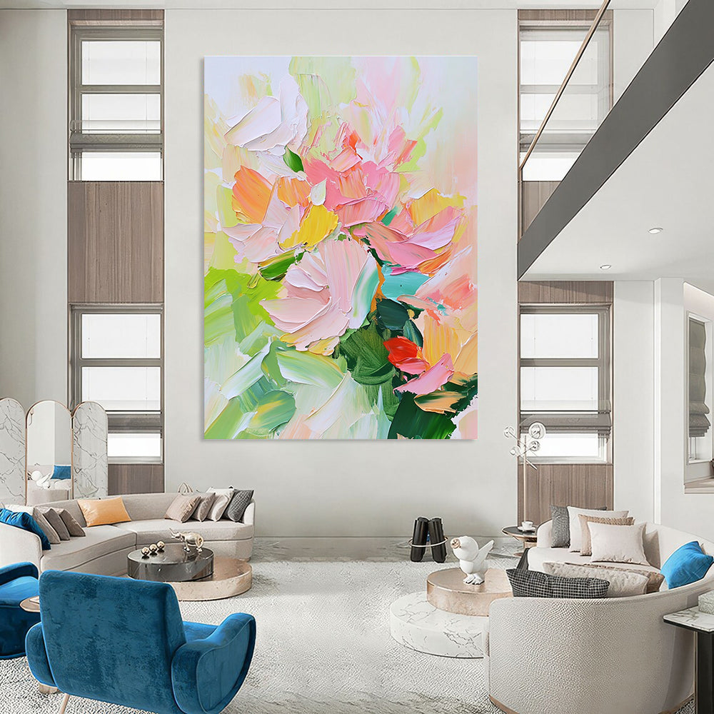 Large abstract painting of spring flowers in soft pastel colors with thick palette knife strokes of pink and green.STSC700