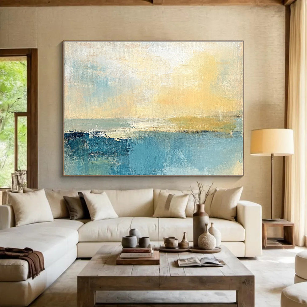 Soft Coastal Horizon Abstract Painting with Muted Blues and Yellows DYP245