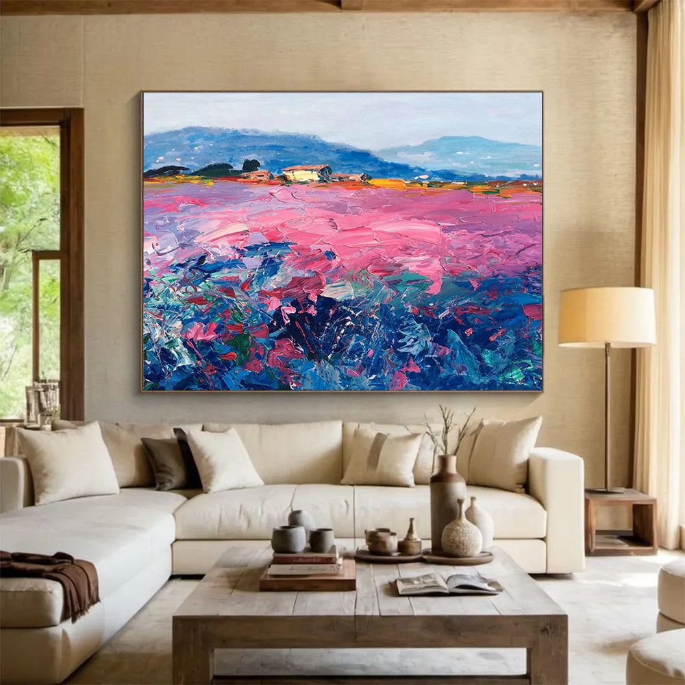 Pink Field with Houses Abstract Painting THY450