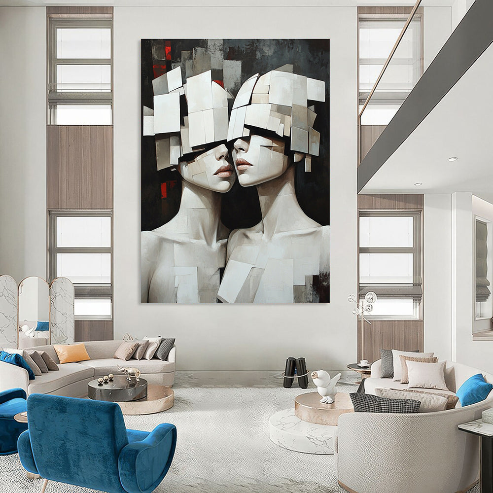 Large abstract oil painting featuring two white humanoid female figures with obscured faces against a dark background, evoking mystery and intrigue.STSC1455
