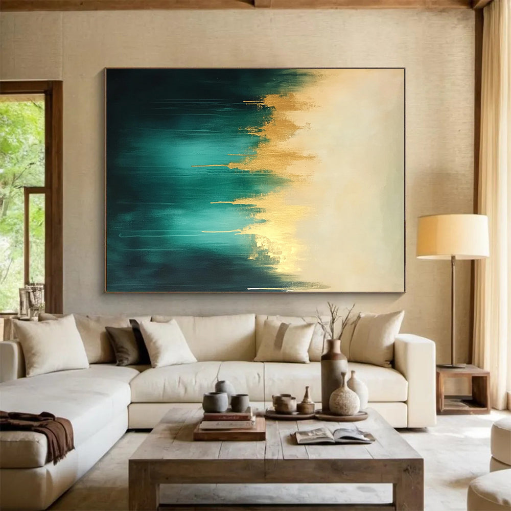 Teal and Gold Abstract Painting with Dripping Textures GER551