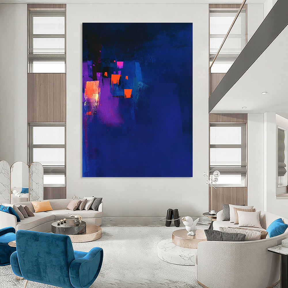 Large abstract painting in dark blue and violet with glowing orange highlights and a dark background capturing a chiaroscuro effect.STSC544