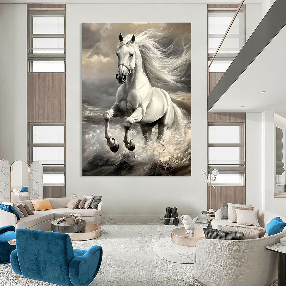 An abstract painting featuring a majestic white horse in motion with a grey color palette highlighting its powerful features and flowing mane.STSC1053
