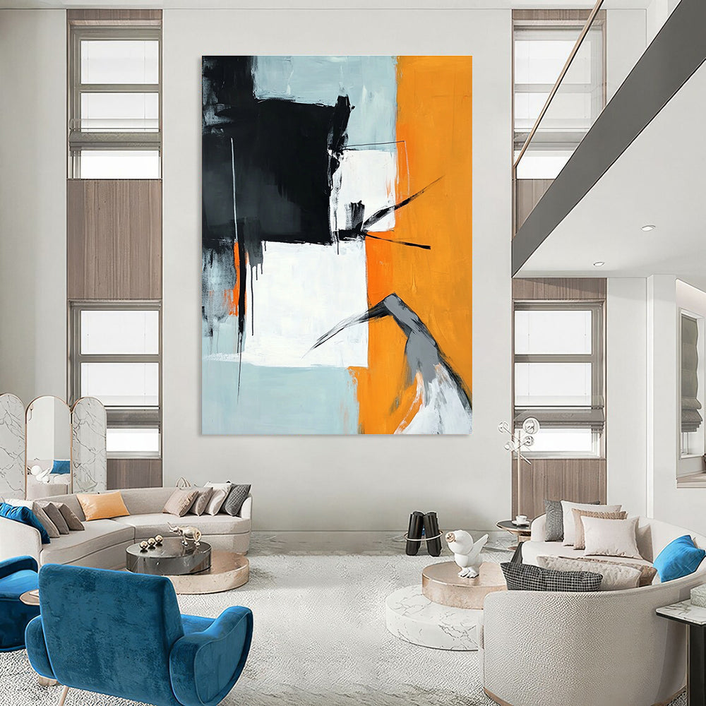 Large abstract painting in orange black and white featuring a grey figure reaching down against a light blue background.STSC725