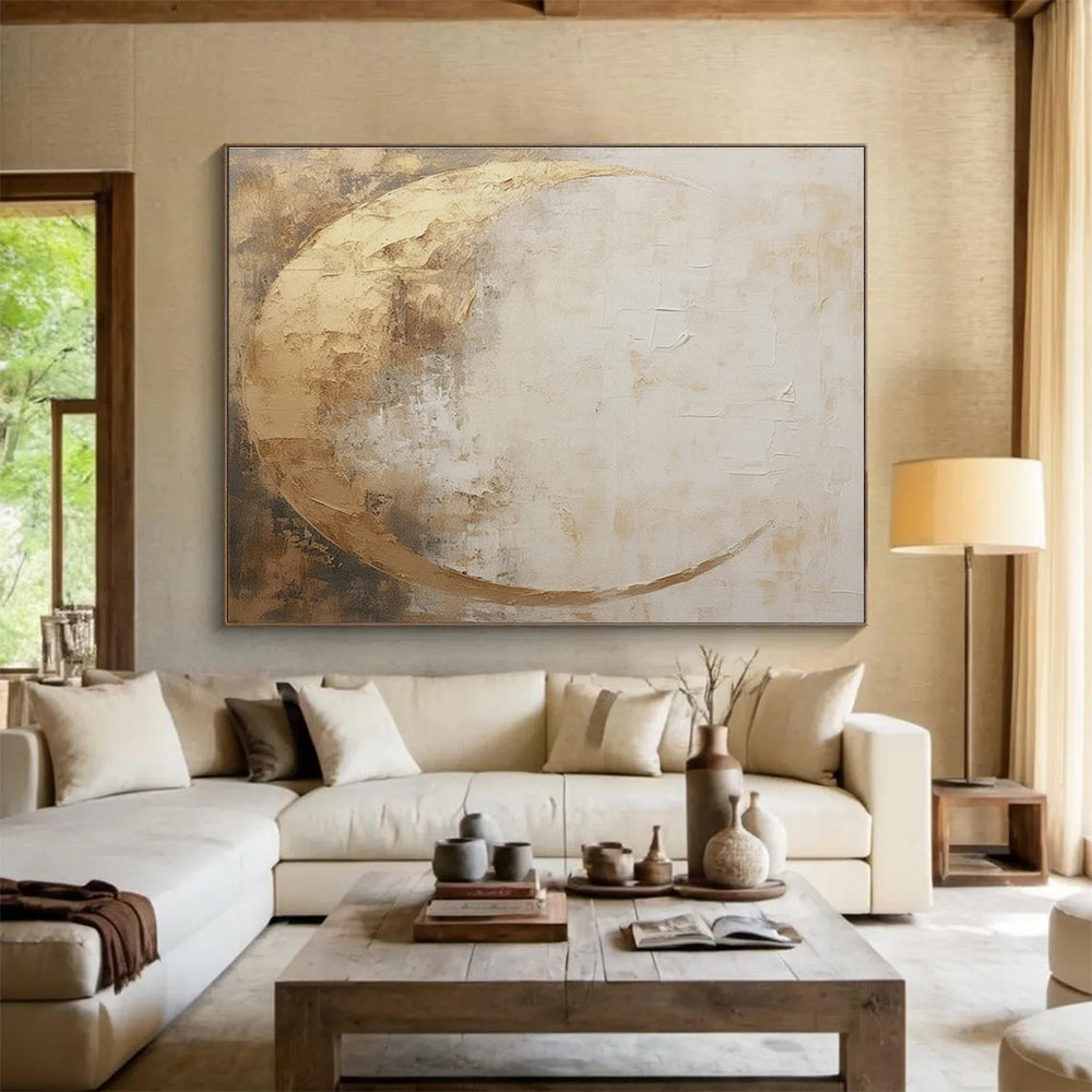 Golden and White Tones Abstract Moon - shaped Painting THY080
