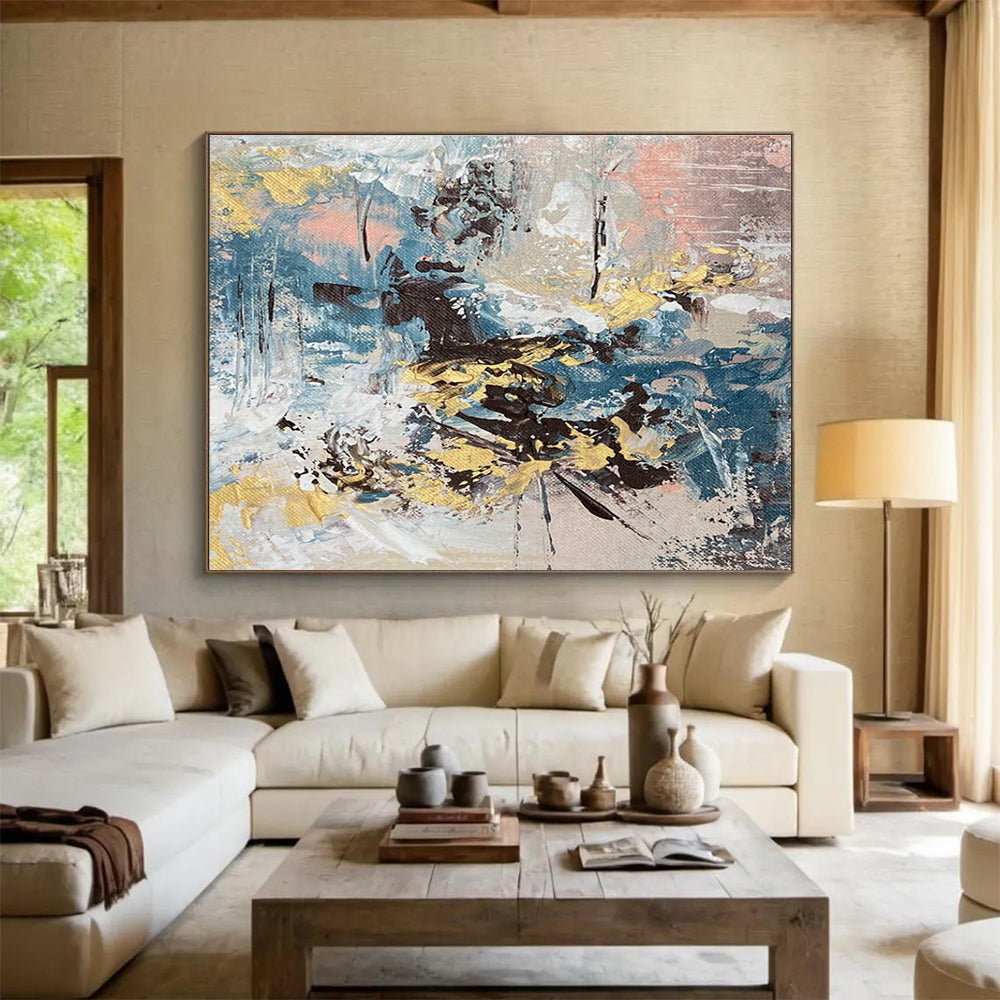 Colorful Abstract Blend Painting with Blue, Yellow, and Pink Hues THY340