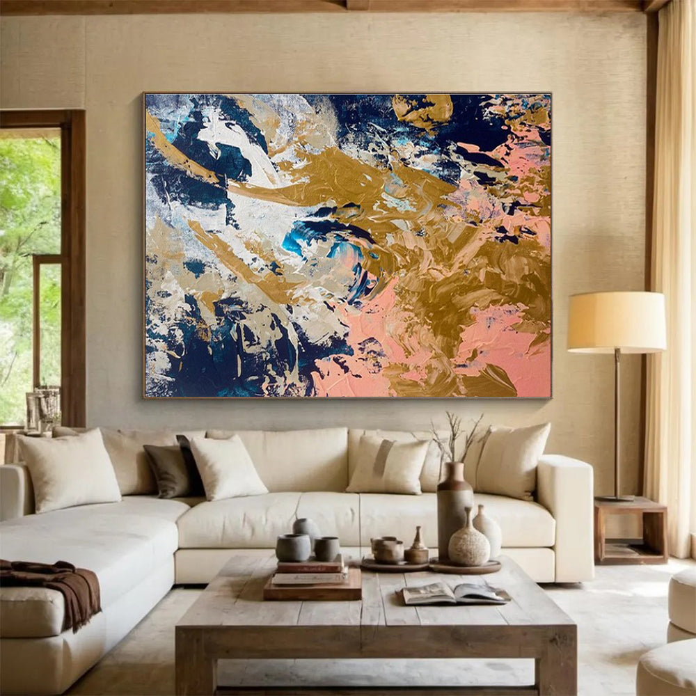 Navy Gold Pink Abstract Painting with Opulent, Contrasting Hues THY381