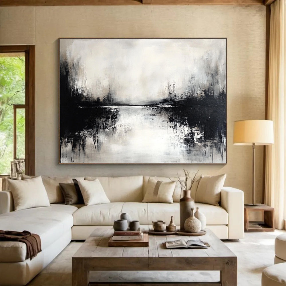 Black and White Lake Abstract Painting with Reflection Effects DYP173