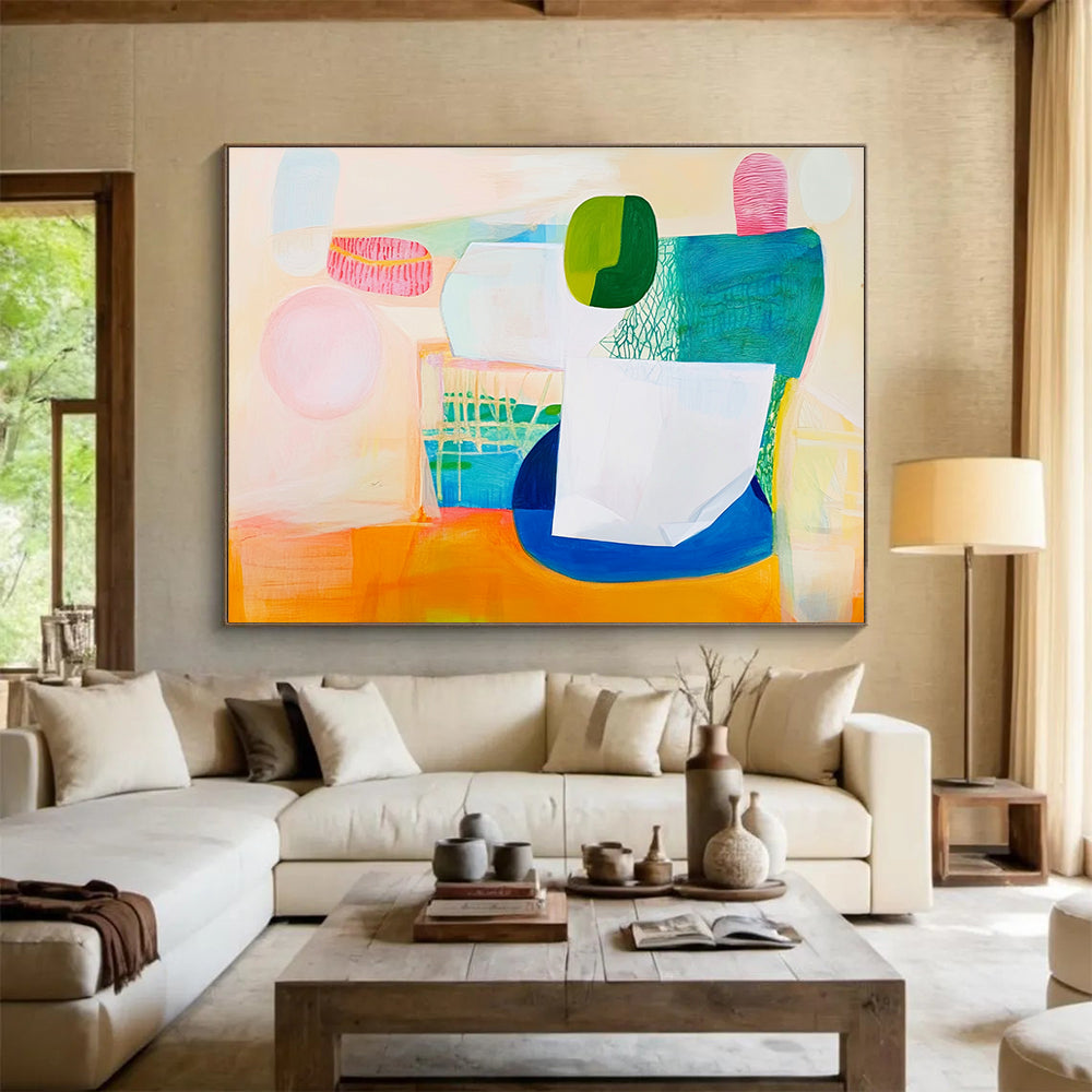 Large abstract painting featuring a white paper bag soft pink and green shapes with blue accents on a warm light orange background.SC518
