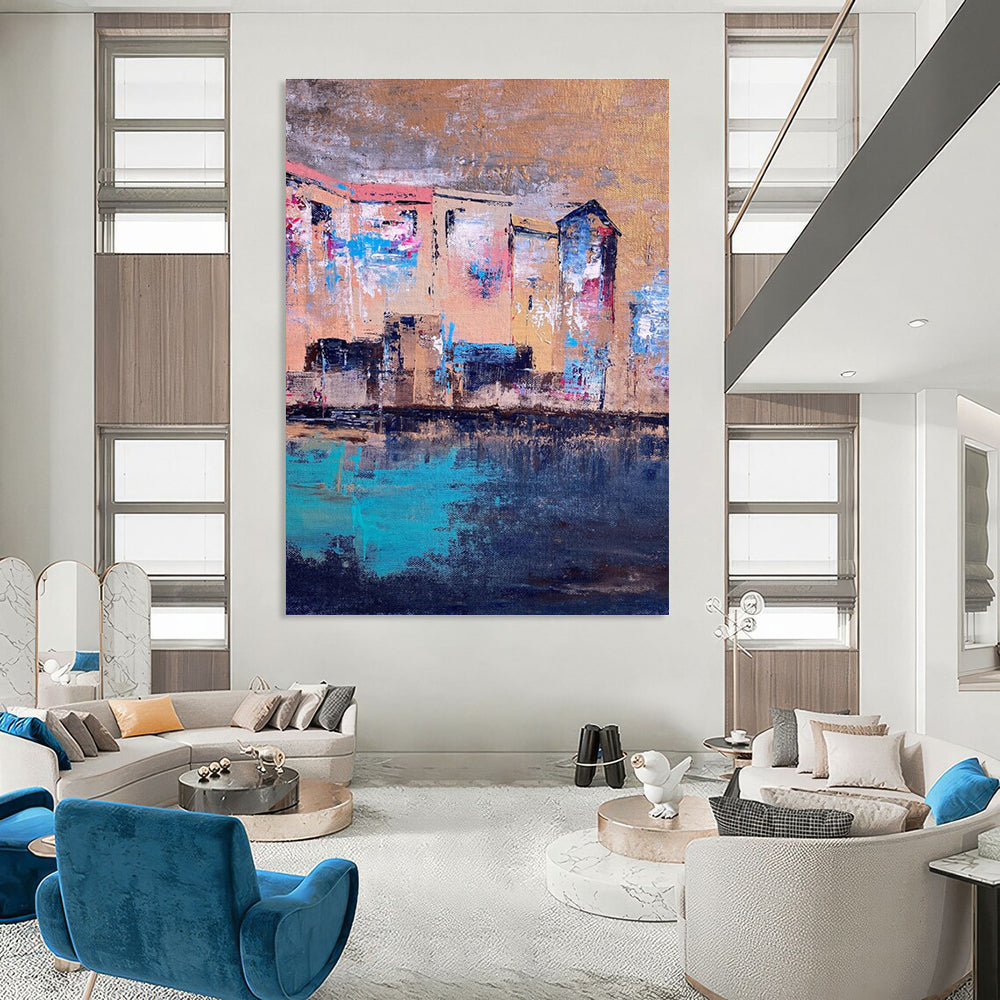 Riverside Houses Abstract Painting with Warm and Cool Tones ADGE460