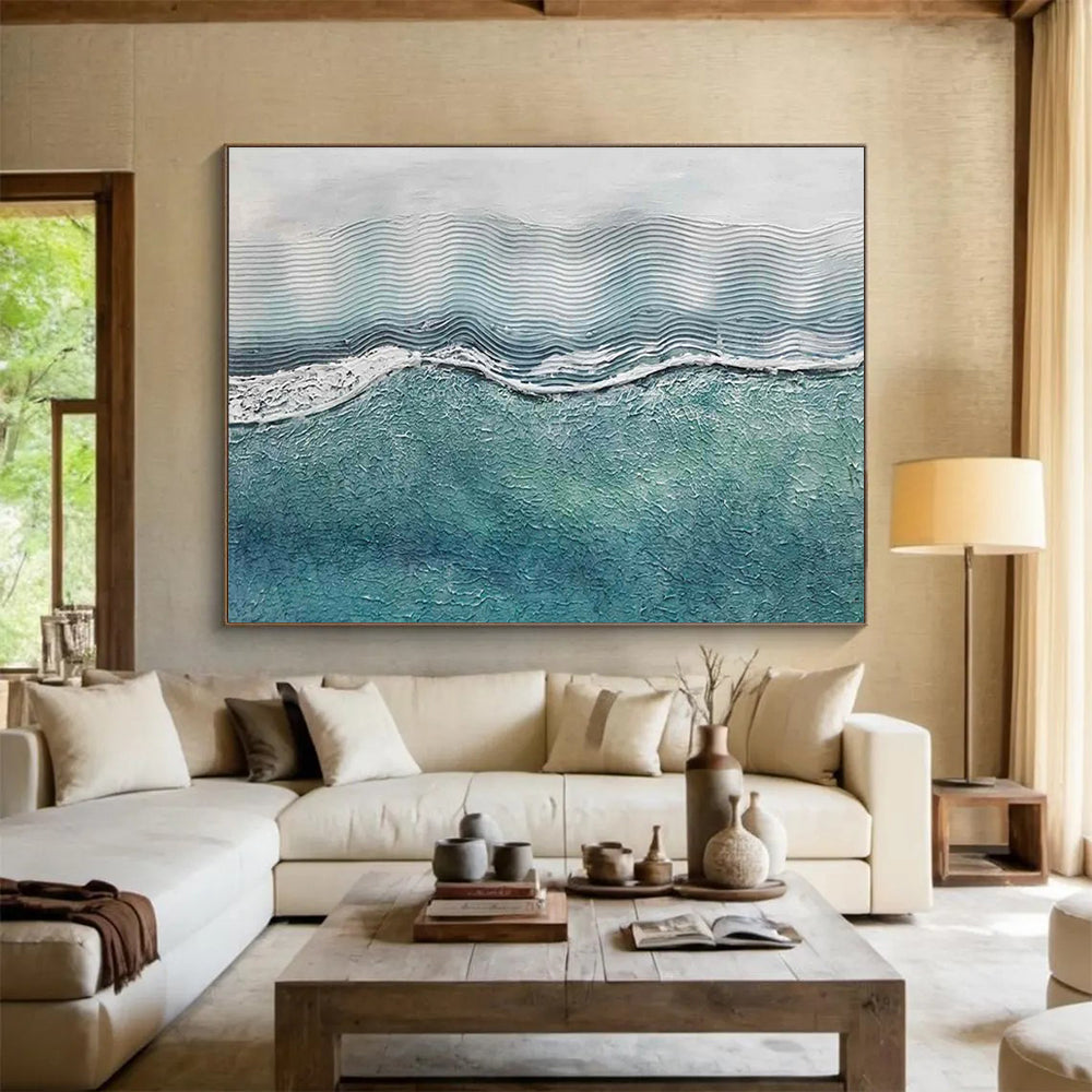 Wavy Sea Texture Abstract Painting with Blue and White Tones THY278