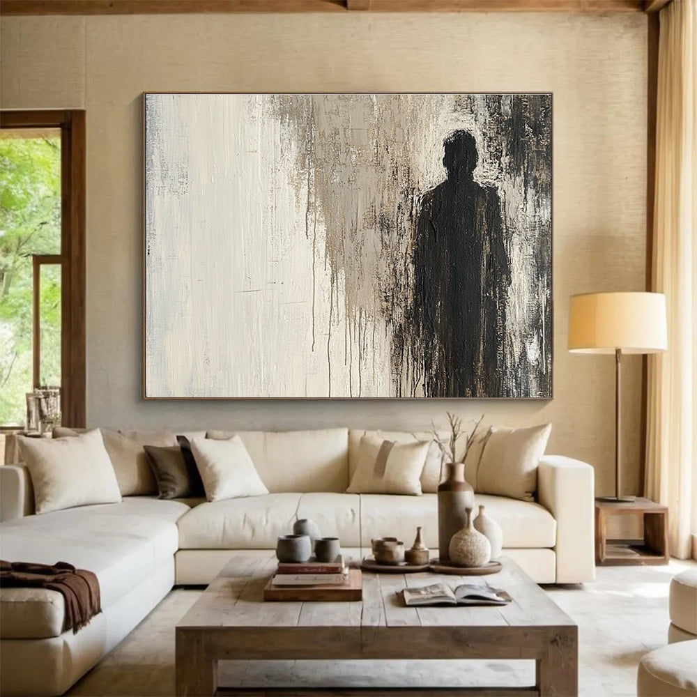 Large abstract grunge painting in neutral tones featuring a mysterious silhouette in a cracked surface evoking curiosity and unease.SC051