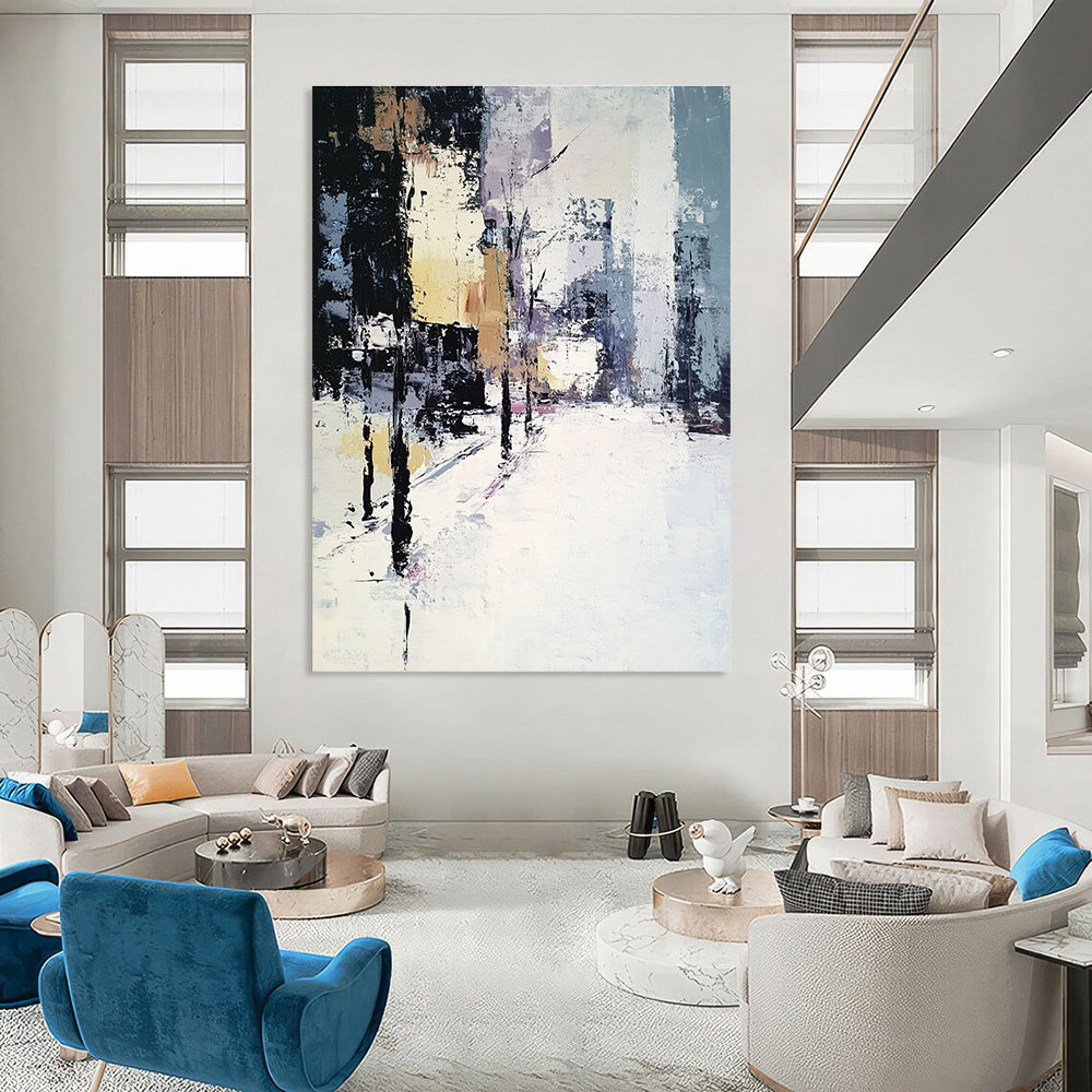 Large Abstract Oil Painting of a Winter Cityscape in Muted Whites and Greys with Beige and Black Accents, Perfect for Modern Decor.STSC159